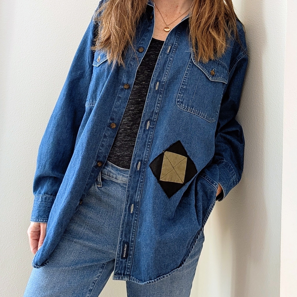 Vintage Woolrich Denim Patchwork Button-Front Col… - image 1